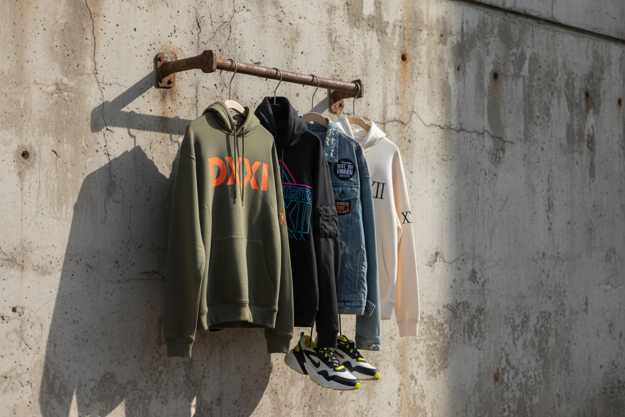 "Urban street daytime, Distrito XXI hoodies, jackets, and sneakers hanging on a rustic metal hook attached to a textured wall, subtle natural lighting highlighting textures and folds, clean composition, muted colors with selective vibrant accents, horizontal format, 3:2 aspect ratio, modern streetwear vibe."